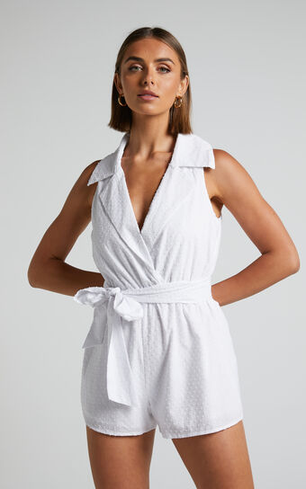 Louvre Playsuit - Sleeveless Tie Waist Collared Playsuit in White