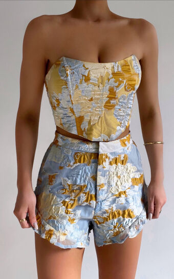 Brailey Top - Bustier Top in Blue & Yellow Jacquard