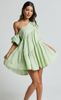 Harleen Mini Dress - Linen Look Asymmetrical Trim Puff Sleeve Dress in Sage