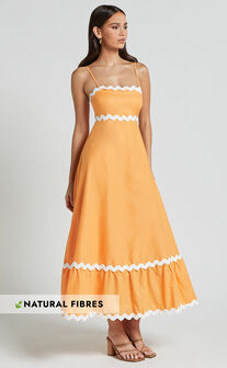 Moriseth Midi Dress - Linen Look Sleeveless Fit Flare Dress in Orange