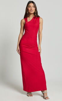 Lara Midi Dress - Asymmetrical Ruched Mesh Dress in Red