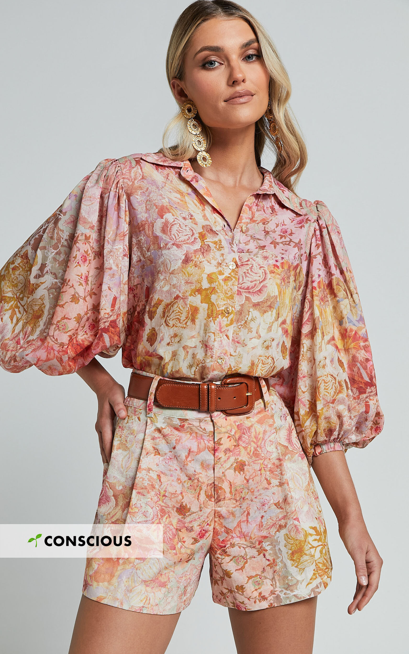 Amalie The Label - Sabine Puff Sleeve Button Through Blouse in Morocco Print - 06, ORG1