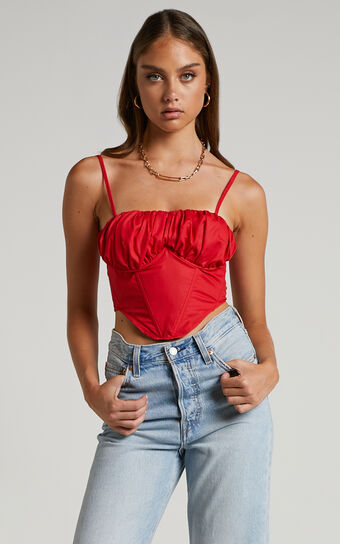 Souza Top - Ruched Bust Curved Hem Corset Top in Red