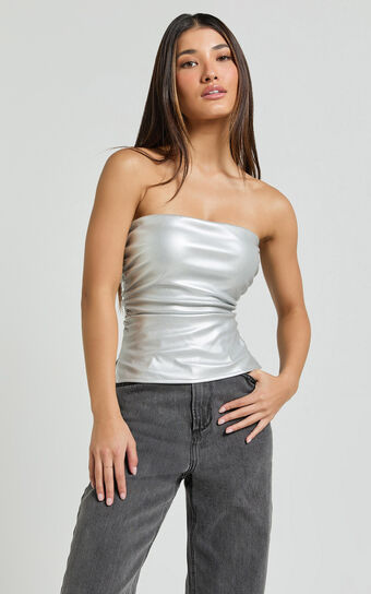 Yvonne Top - Strapless Ruched Top in Silver