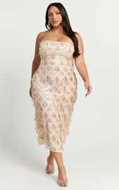 Variel Midi Dress - Strapless Fringe Sequin Dress in Champagne | Showpo EU