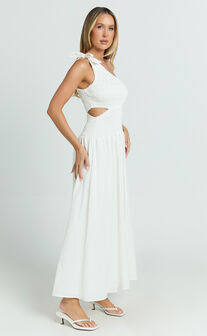 Larose Midi Dress - One Shoulder Tie Side Cut Out Dress Fit and Flare Dress in White