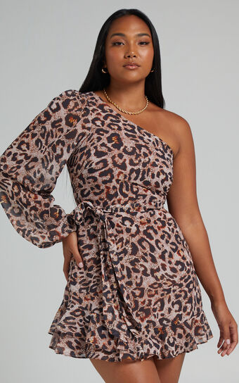 Sherlena Mini Dress - One Shoulder Dress in Leopard