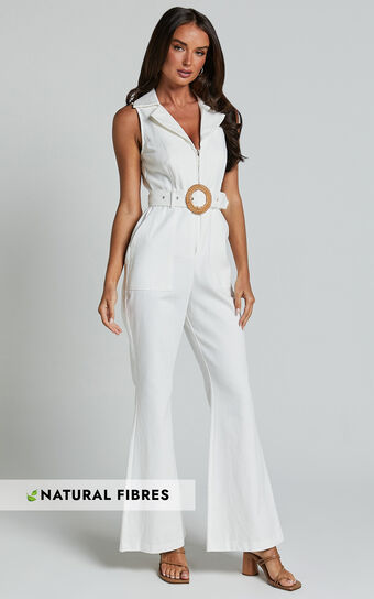 Darian Jumpsuit Collared Zip Front Belted in Off White Showpo Sale