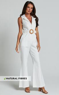 Darian Jumpsuit - Collared Zip Front Belted Jumpsuit in Off White