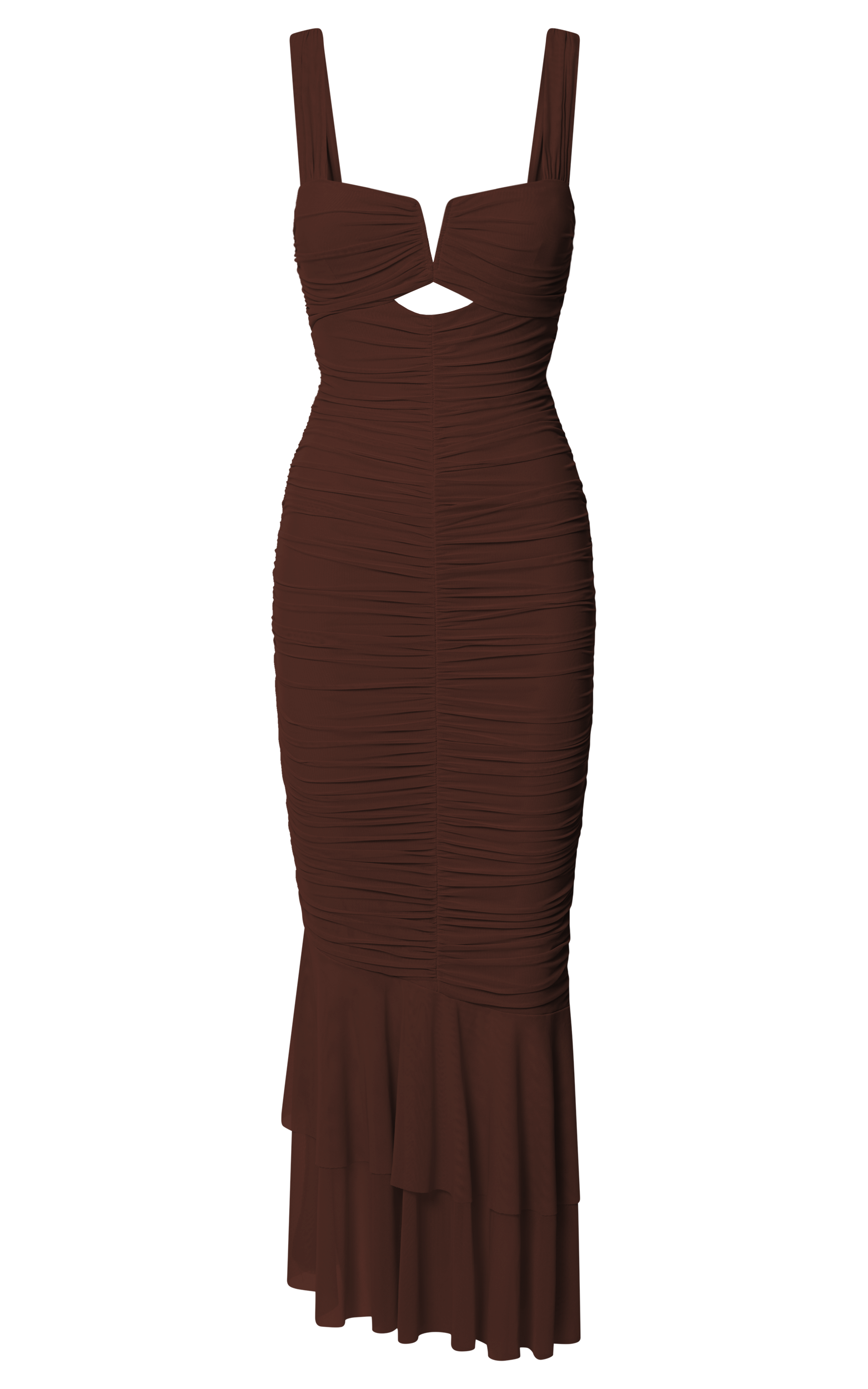 Kody Midi Dress Bodycon Ruched Mesh Cut Out Dress In Chocolate Showpo Usa 