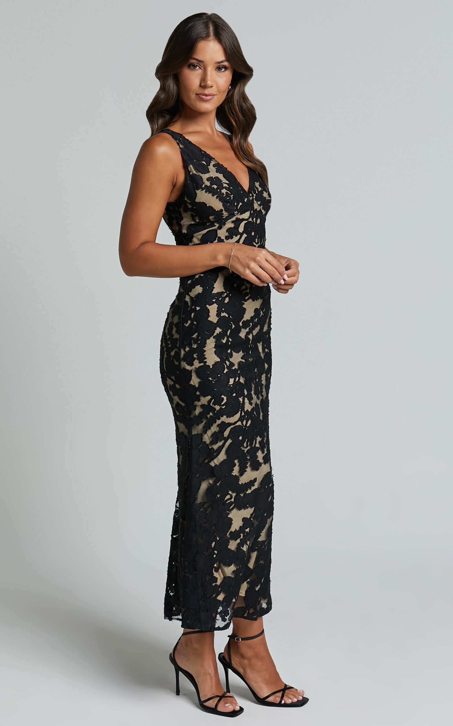 Zymae Midi Dress - Deep V Neck Lace Slip Dress in Black Zymae Midi Dress - Deep V Neck Lace Slip Dress in Black