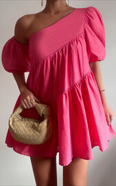 Harleen Mini Dress - Linen Look Asymmetrical Trim Puff Sleeve Dress in ...