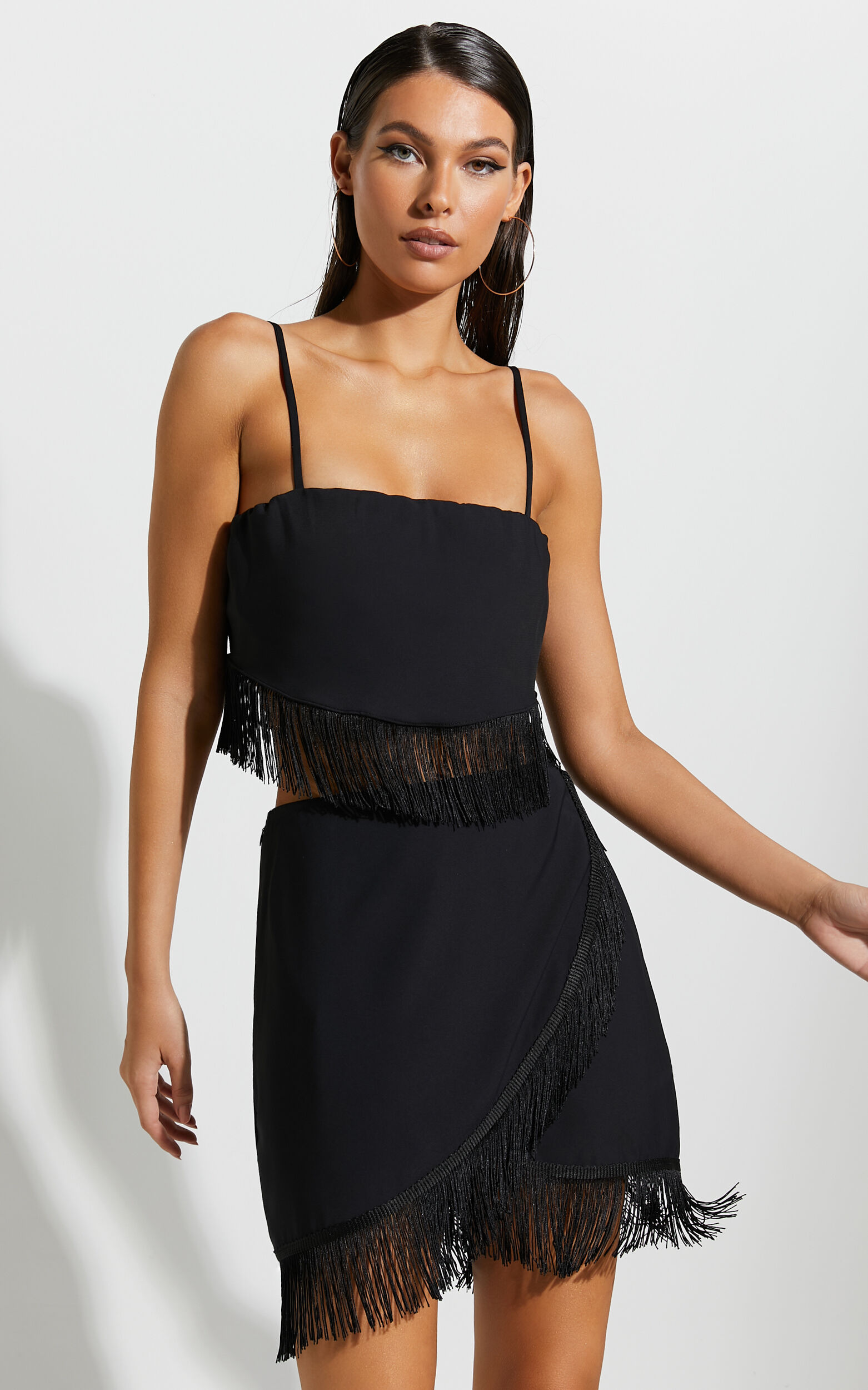 Black fringe mini skirt online