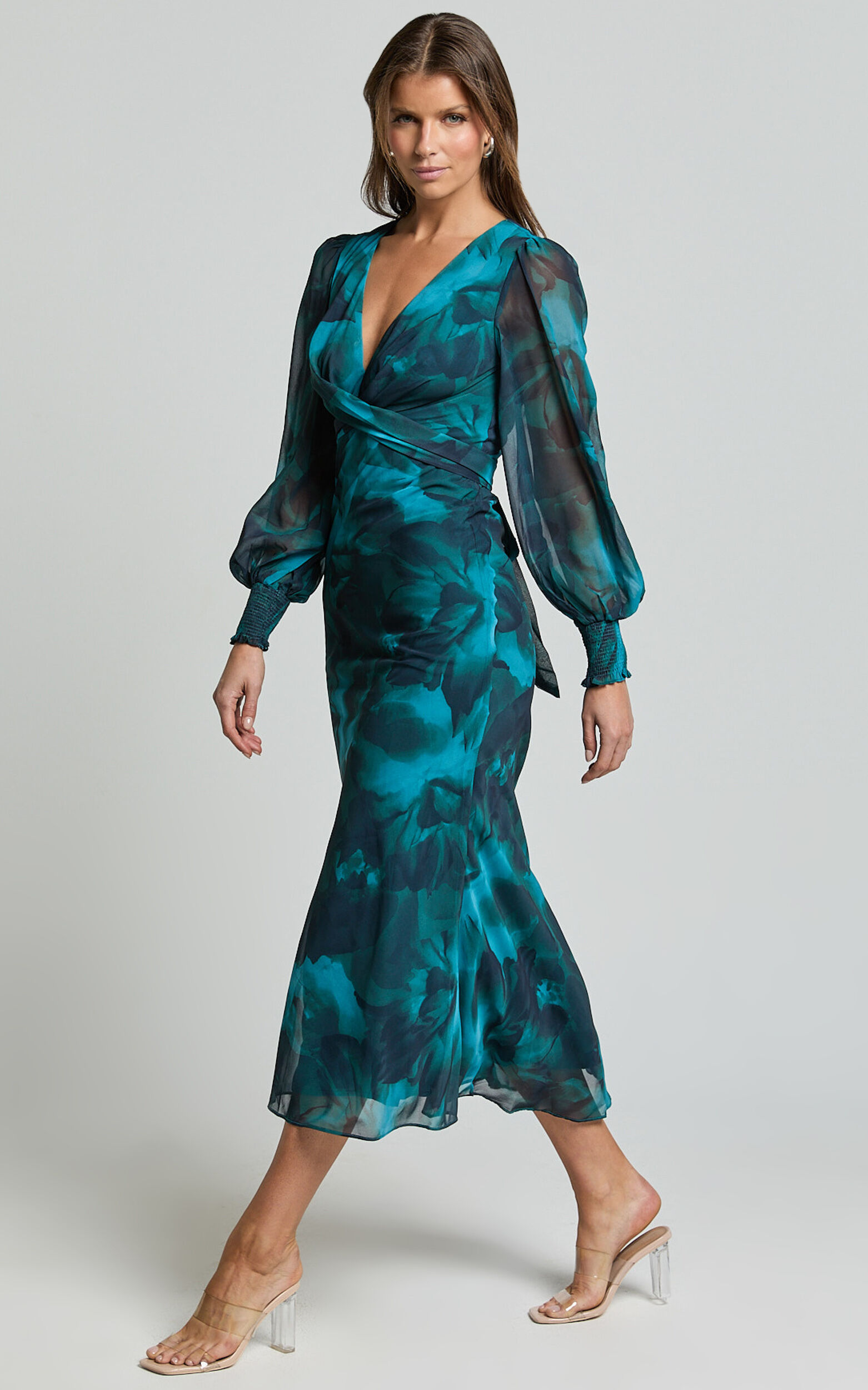 Artelia Midi Dress V Neck Long Sleeve Slip Dress in Emerald Showpo