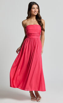 Polly Midi Dress - Strapless Ruched Dress in Lipstick Pink