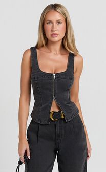 Bellerose Top - Front Zip Denim Fitted Top in Washed Black