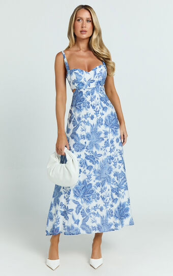 Jackleyn Midi Dress - Sweetheart A Line Dress in Blue Floral