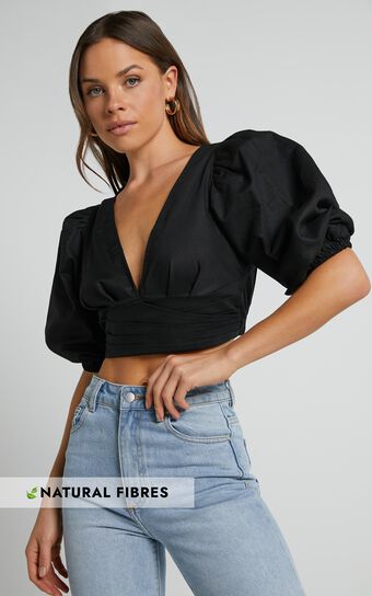 Amalie The Label - Dalya Linen Blend Puff Sleeve fixed Wrap Top in Black