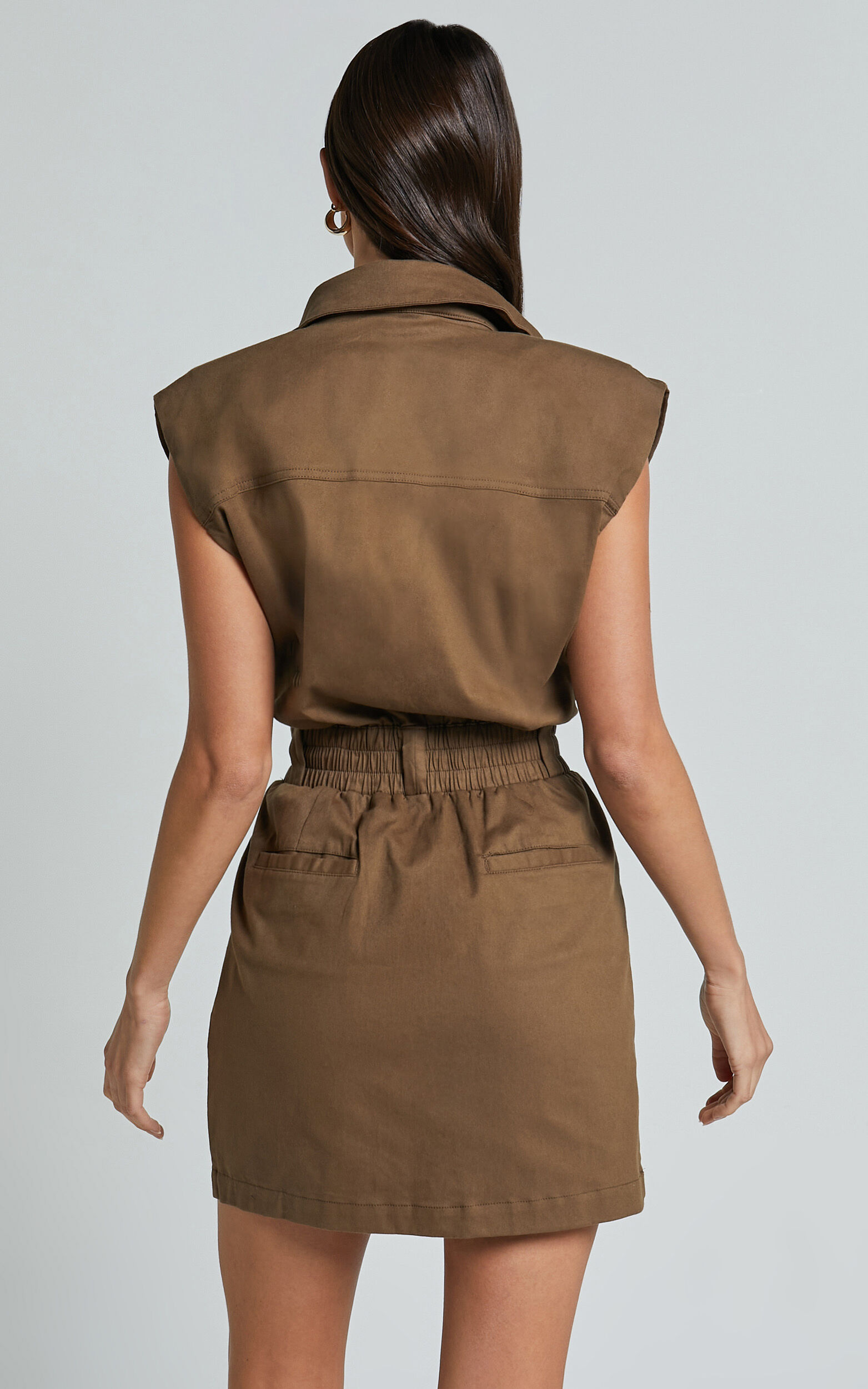 Dana Mini Dress - Collared Button Front Utility Dress in Khaki | Showpo USA