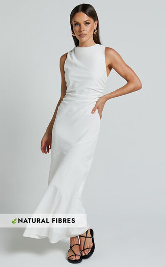 Sylvie Midi Dress - High Neck Flare Dress in White
