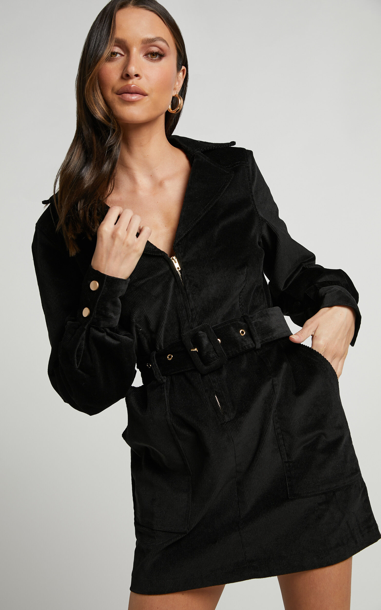 Lheya Mini Dress - Long Sleeve Belted Dress in Black - 04, BLK2