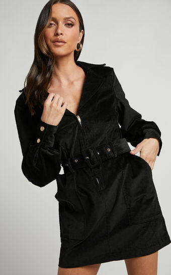 Lheya Mini Dress - Long Sleeve Belted Dress in Black