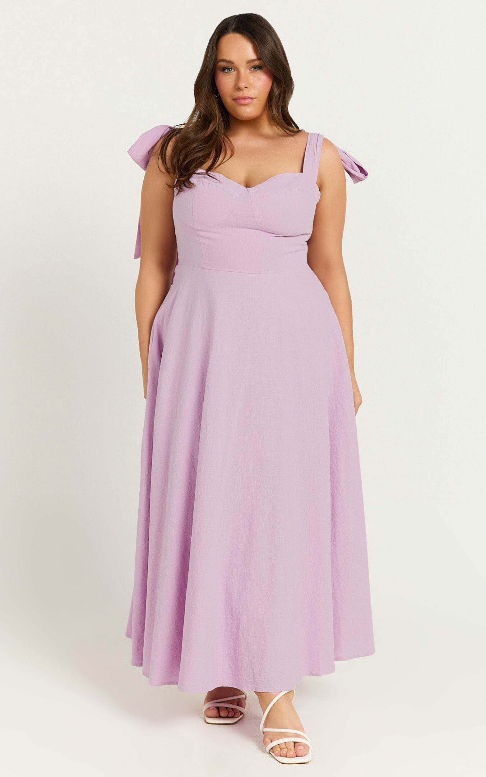 Tymia Midi Dress - Shoulder Tie Bustier Shirred Back A Line in Lavender ...