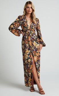 Lorelei Midi Dress - V Neck Balloon Sleeve Dress in Indulgent Bloom