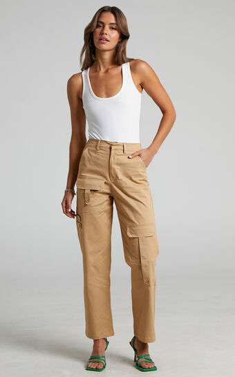 Alvinia Pants - High Waisted Utility Cargo Pants in Camel