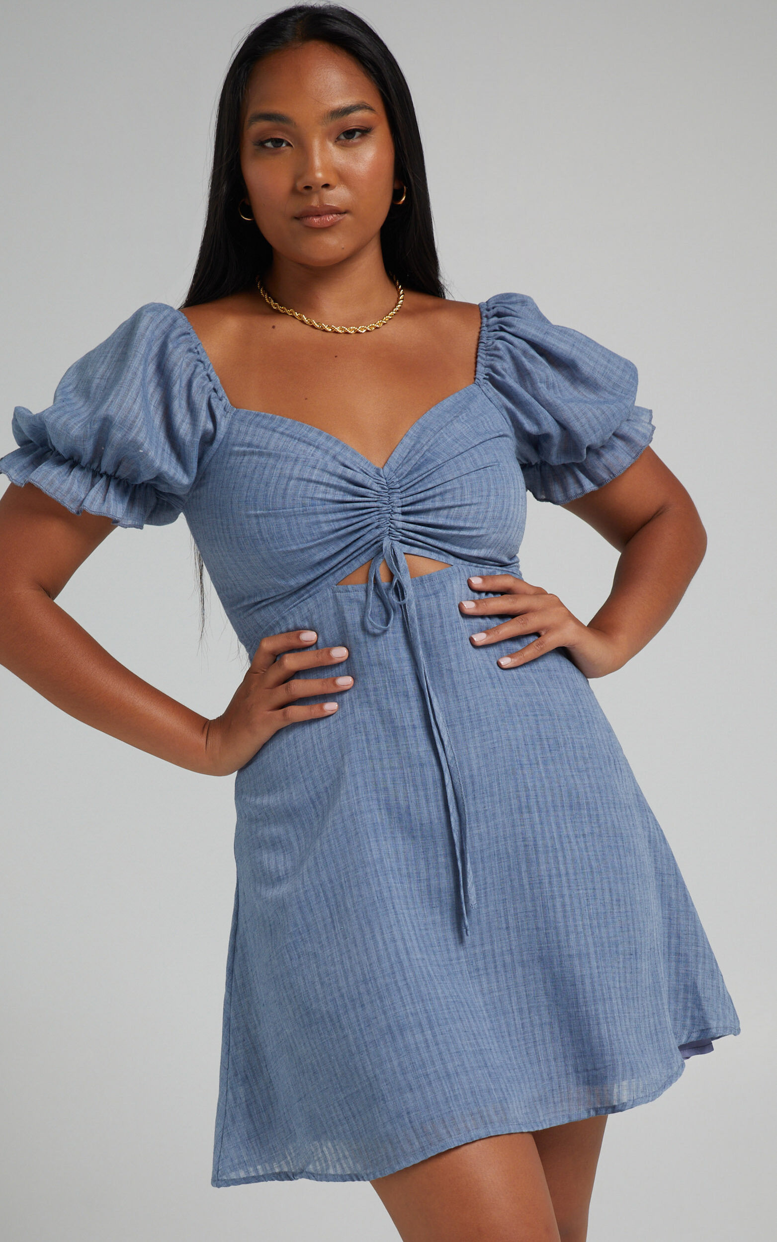 Soft Mention Mini Dress - Puff Sleeve Dress in Navy - 04, NVY2