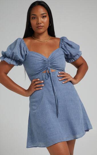 Soft Mention Mini Dress - Puff Sleeve Dress in Navy