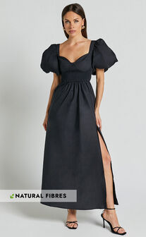 Raiza Midi Dress - Shirred Waist Puff Sleeve Dress in Black