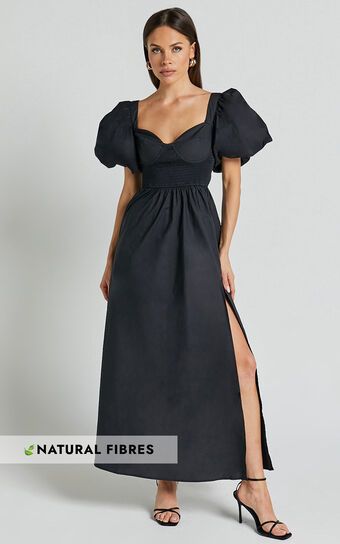 Raiza Midi Dress - Shirred Waist Puff Sleeve Dress in Black