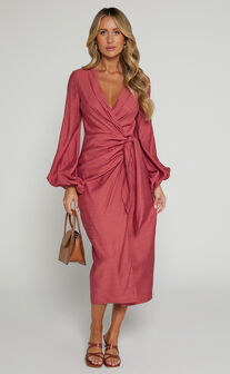 Taylor Midi Dress - Long Sleeve Wrap Dress in Clay
