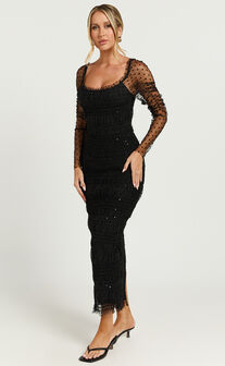 Evelyn Midi Dress - Long Sleeve Shirred Tulle Dress in Black Polka