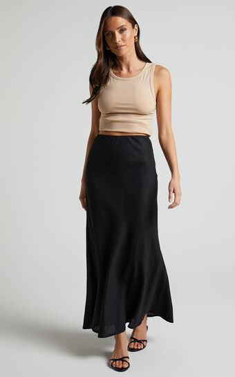 Aubrey Midi Skirt  High Waisted Linen Bias Slip in Black
