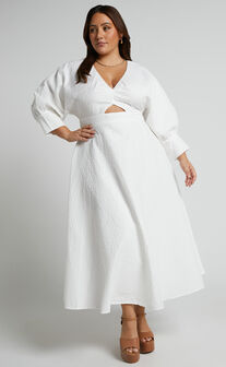 Anieshaya Midi Dress - V Neck Cut Out Lace Dress in White