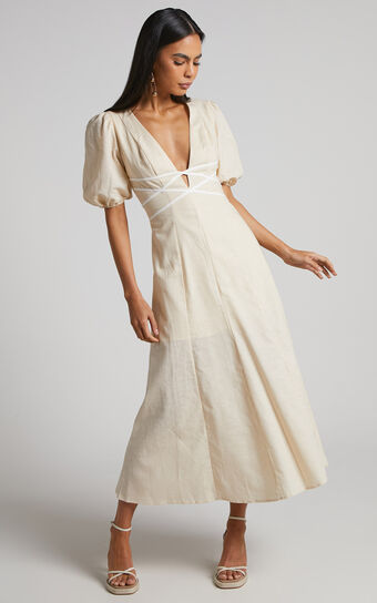 Elsa Midi Dress - Linen Look Puff Sleeve Plunge Dress in Beige