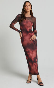Tianna Maxi Dress - Scoop Neck Long Sleeve Bodycon Dress in Red Blur