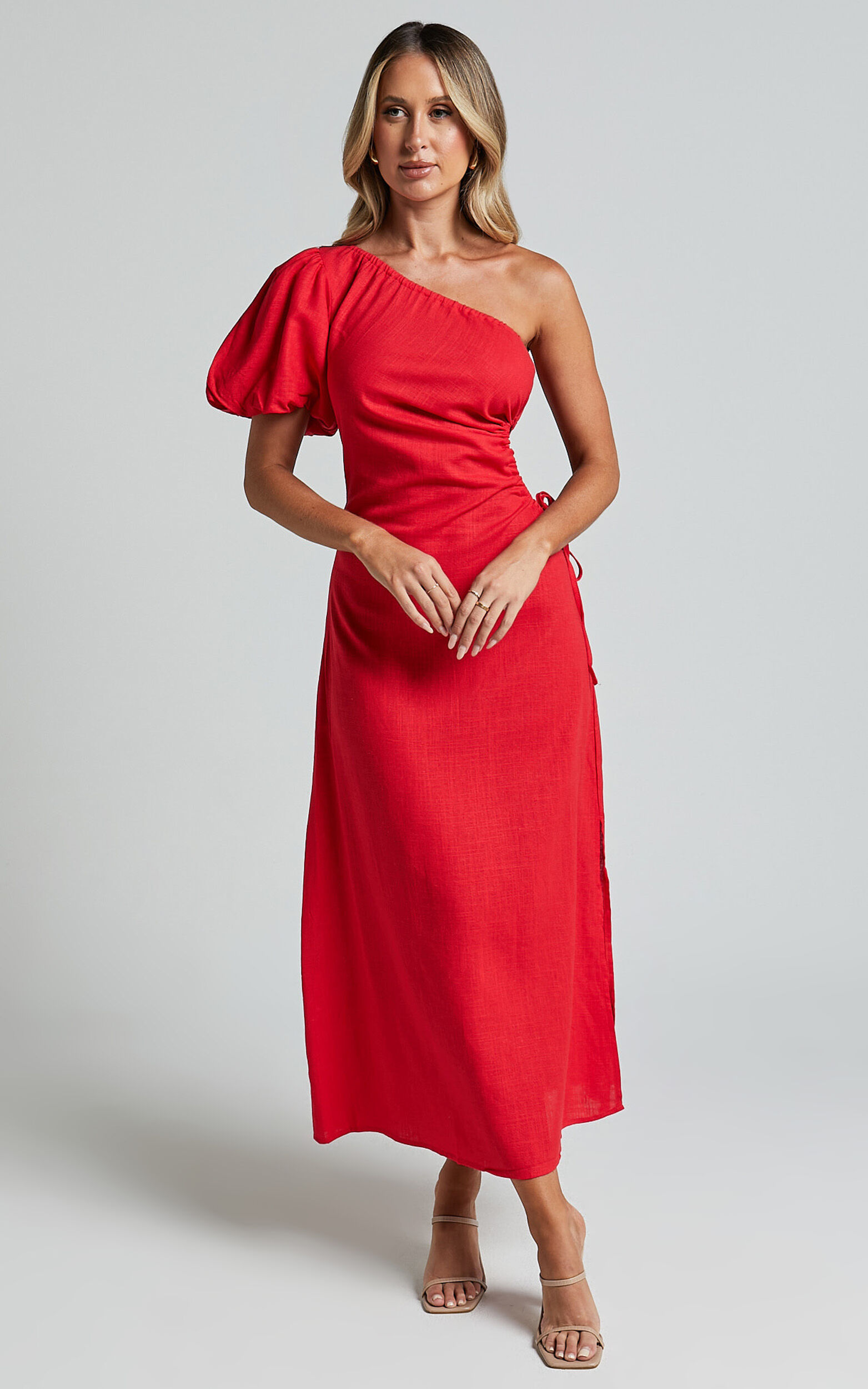 Victoria Midi Dress - Linen Look One Shoulder Puff Sleeve Cut Out Dress in Red - 06, RED1
