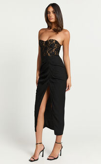 Janet Midi Dress - Strapless Sweetheart Draped Skirt Dress in Black