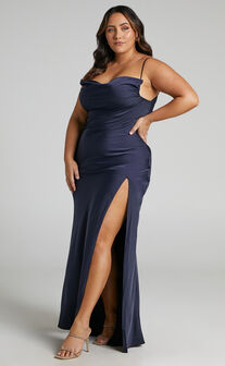 Ardent Maxi Dress - Cowl Neck Tie Back Satin Dress in Navy