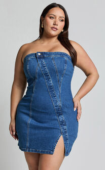 Erline Mini Dress - Asymmetric Strapless Denim Dress in Dark Blue Wash