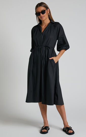 Simone Midi Dress - Collared Waist Tie Smock Dress in Black