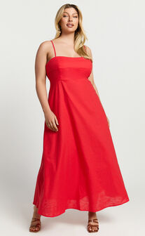 Brette Midi Dress - Linen Straight Neck Strappy Fit And Flare Dress in Red