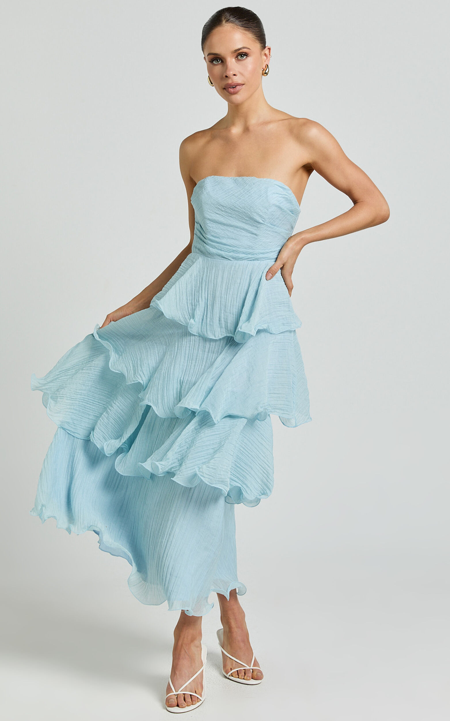 Jaiden Midi Dress - Strappless Layered Dress in Blue - 06, BLU1