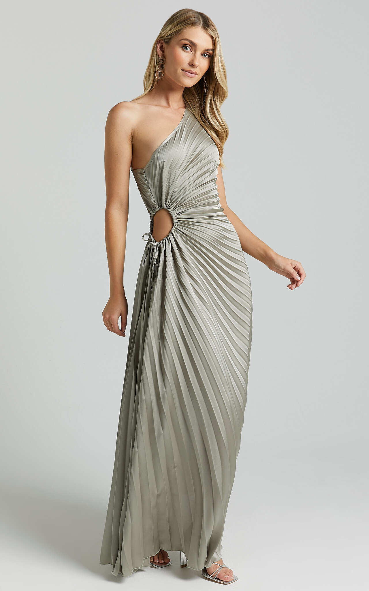 Kitsune Midi Dress One Shoulder Cut Out Dress in Sage