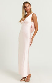 Brienne Midi Dress - Plunge Cowl Back Satin Dress in Soft Pink | Showpo USA