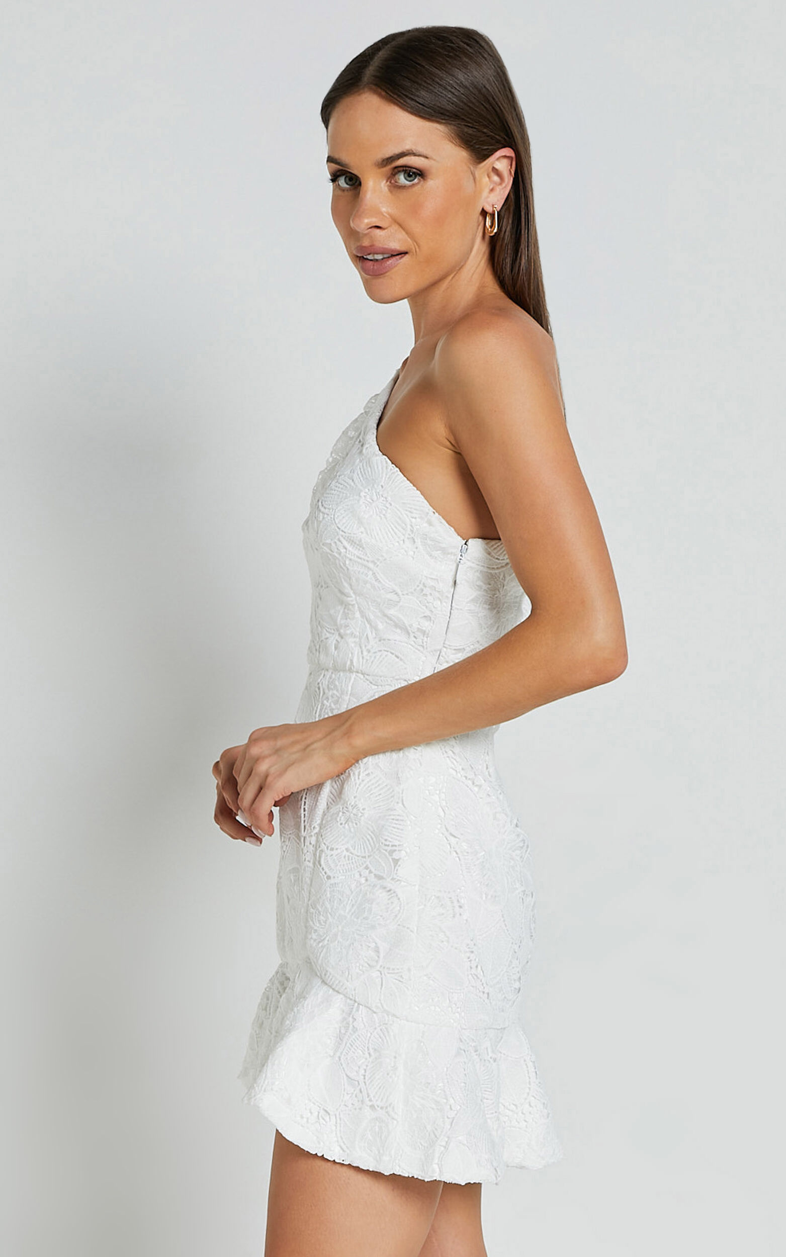 Jenny Mini Dress - One Shoulder Side Cut Out Lace Dress in White | Showpo