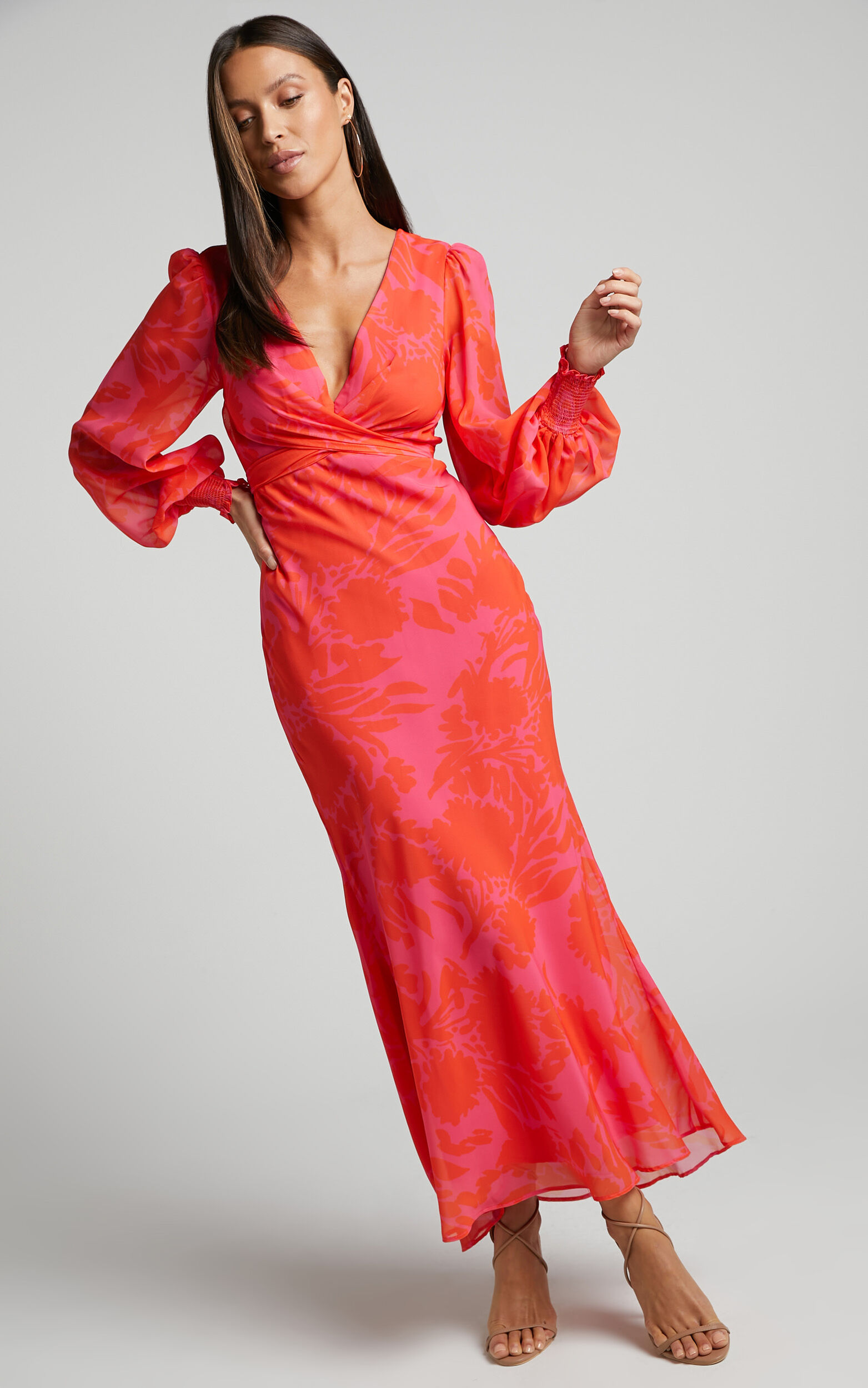 Artelia Midi Dress - V Neck Long Sleeve Slip Dress in Pink Floral